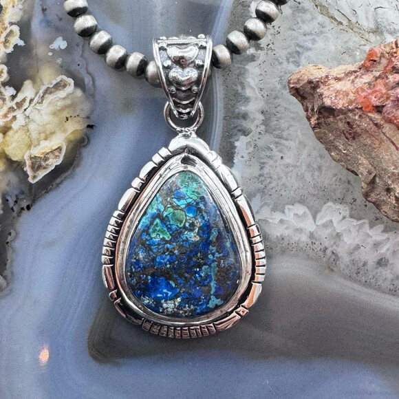 Sterling Silver Southwestern Style Teardrop Azurite Malachite Decorated Pendant - Picture 1 of 10